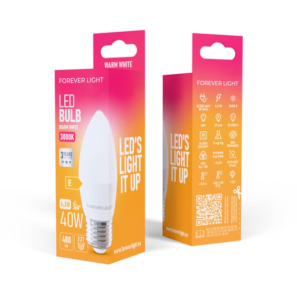 Forever Light LED-lampa E27 C37 4.2W 480lm 3000K klass E