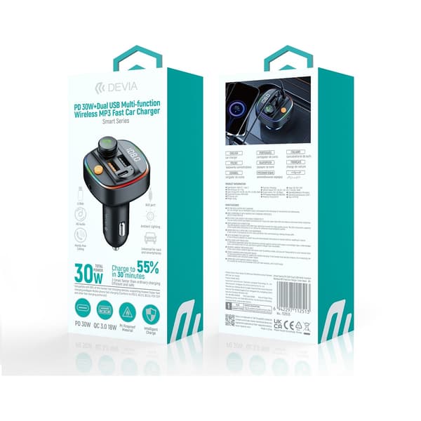 Devia sändare FM Smart Bluetooth MP3 billaddare PD 30W 1x USB-C 2x USB 3A svart svart