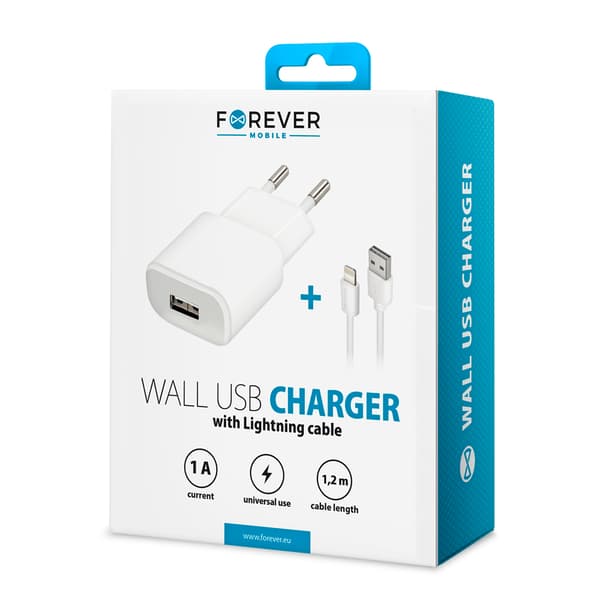 Forever TC-01 laddare 1x USB 1A vit + Lightning-kabel