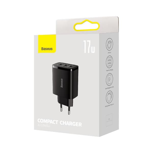 Baseus väggladdare Compact 3 x USB svart 17w