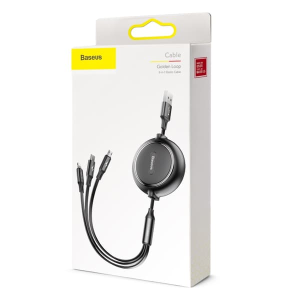 Baseus-kabel 3-i-1 Golden Loop infällbar USB - micro USB + Lightning + USB-C 1,2m 3,5A svart