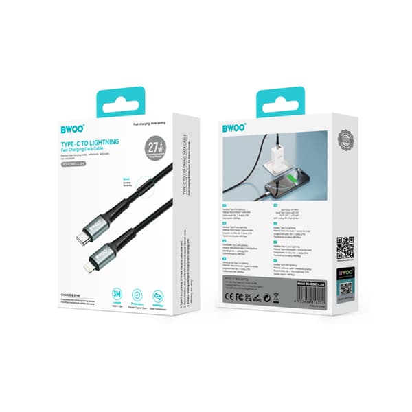 BWOO Flätad kabel USB-C - Lightning 3m 30W svart svart