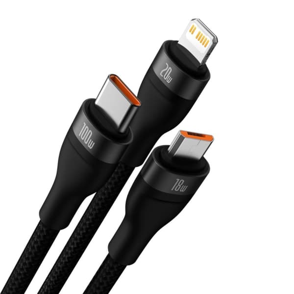 Baseus kabel 3in1 Flash II USB + USB-C - Lightning + USB-C + microUSB 1,5 m 3,5A svart 100W