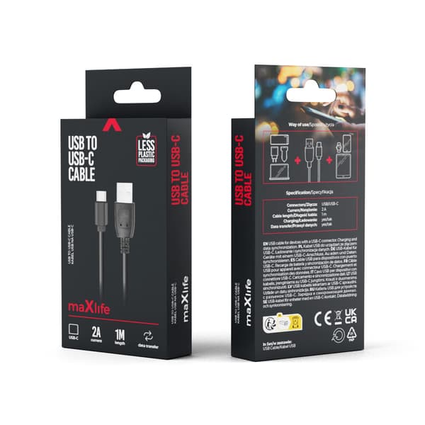 Maxlife kabel USB - USB-C 1,0 m 2A svart svart