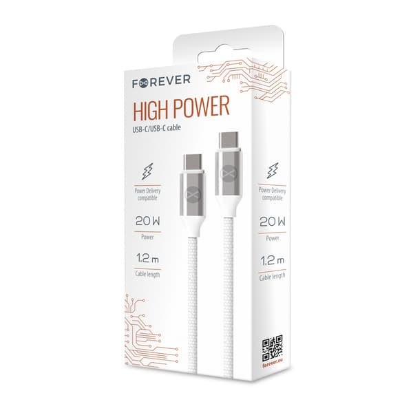 Forever-kabel USB-C - USB-C 1,2 m 3A 20W WHP12320 vit