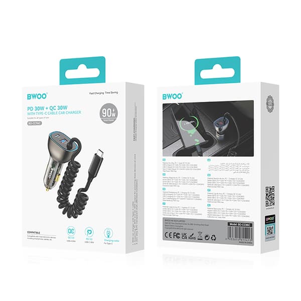 BWOO CC96C 30W PD billaddare 1x USB-C 1x USB-port med USB-C-kabel grå