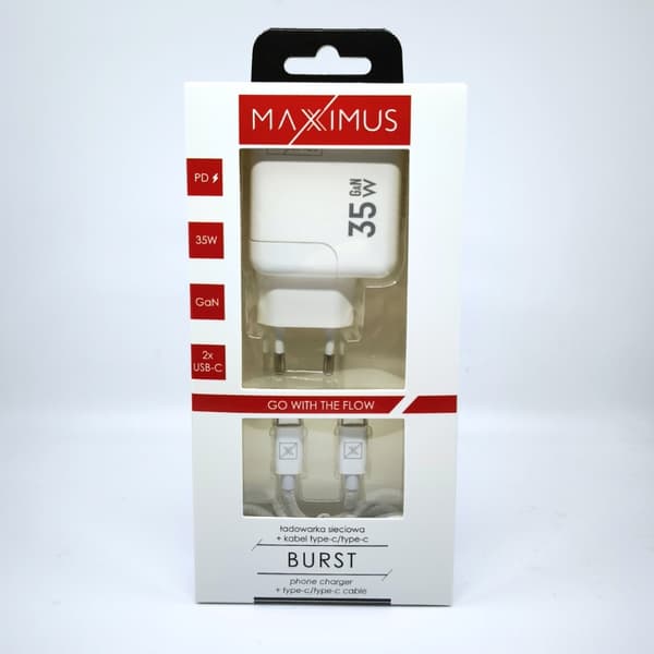 VÄGGLADDARE MX BURST GaN PD 35W, 2xUSB-C + C / C PD-kabel 65W vit vit