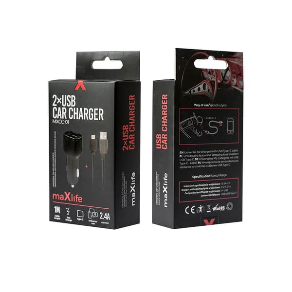 Maxlife MXCC-01 billaddare 2x USB 2 4A svart + USB-C kabel svart