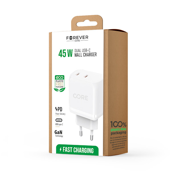 Forever CORE SMART PD väggladdare 2xUSB-C 45W