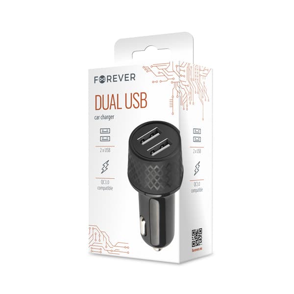 Forever billaddare 1xUSB 2,4A + 1xUSB QC 3.0 LA-03 svart