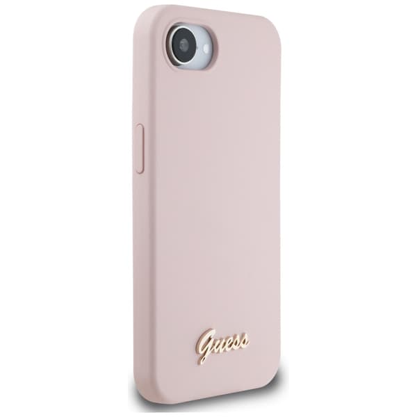 Guess HC Silikon Script Metall Logotyp Fodral för iPhone 16e Rosa