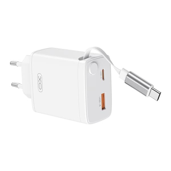 XO Wall Charger CE31 1x USB 1x USB-C 30W White with Retractable USB-C Cable