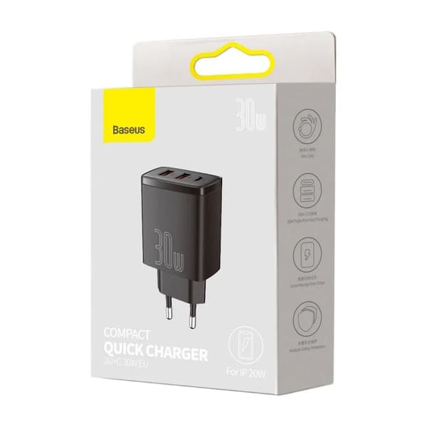 Baseus Compact Strömforsyningsadapter 30Watt 1xUSB-C + 2xUSB