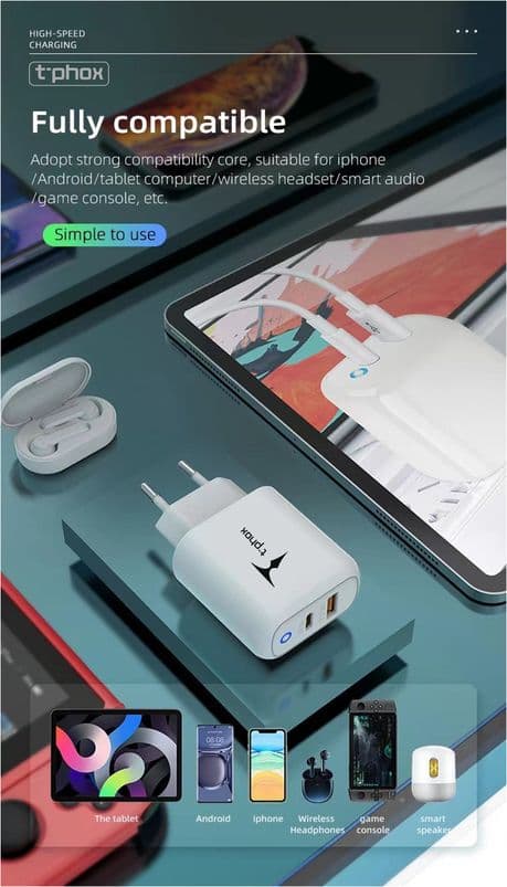 VÄGGLADDARE T-PHOX GLORY 45W USB/USB-C VIT