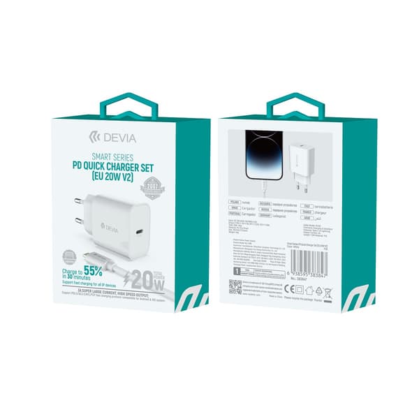 Devia väggladdare Smart PD 20W 1x USB-C vit + Lightning - USB-C-kabel V2