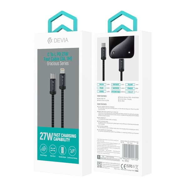 Devia-kabel Gracious EC645 PD USB-C - Lightning 1,0 m 27W 3A svart