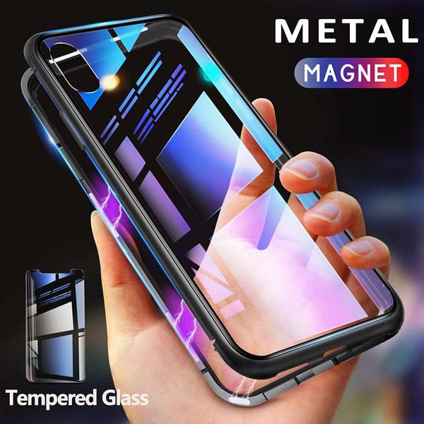 magnet fodral med härdat glas för iphone Xs max blå Blue