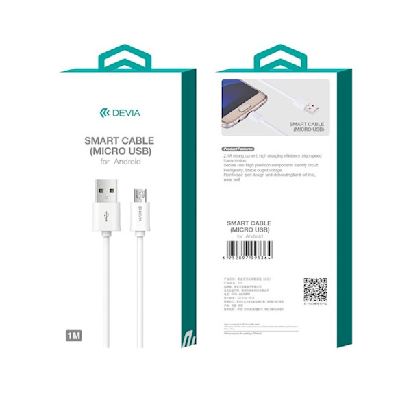Devia-kabel Smart EC081 USB - MicroUSB 1,0 m 2,1A vit