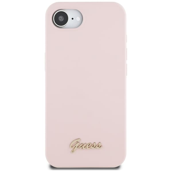 Guess HC Silikon Script Metall Logotyp Fodral för iPhone 16e Rosa