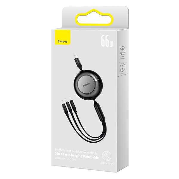 Baseus kabel Bright Mirror 2 3i1 USB - micro USB + Lightning + USB-C 1,1m 66W svart infällbar svart