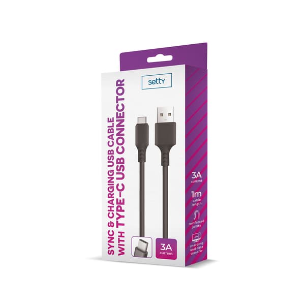 Setty-kabel USB - USB-C 1,0 m 3A svart svart