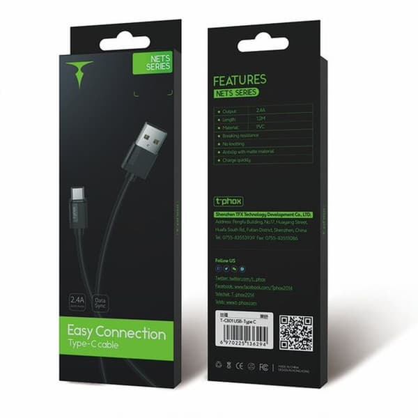 kabel T-PHOX NETS TYPE-C svart 3A; PVC; 2M