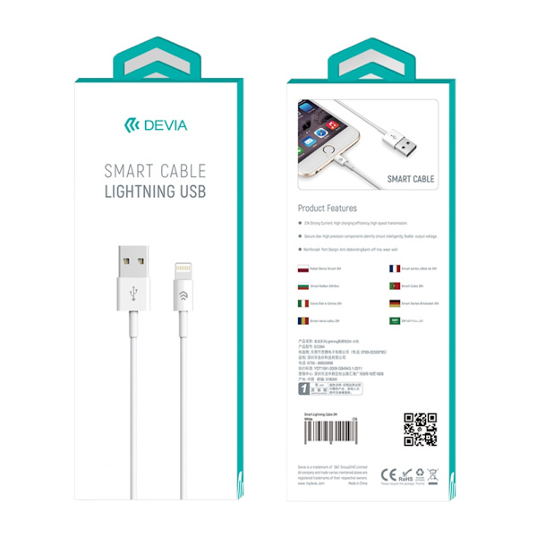 Devia-kabel Smart EC080 USB - Lightning 1,0 m 2,1A vit