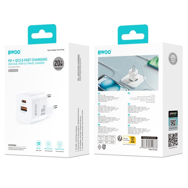 BWOO CDA156 PD väggladdare 1x USB-C 1x USB 20W vit vit