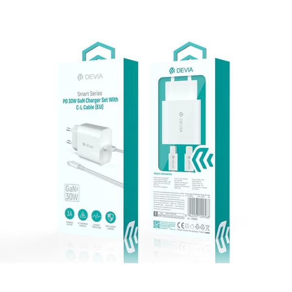 Devia väggladdare Smart PD GaN 30W 1x USB-C vit + kabel USB-C - Lightning vit