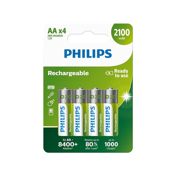 PHILIPS Uppladdningsbart batteri AA NiMH 2100mAh, 4-pack.