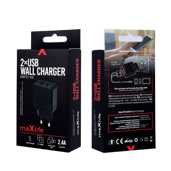 Maxlife MXTC-02 laddare 2x USB 2 4A svart svart