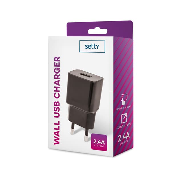 Setty laddare 1x USB 2,4A svart