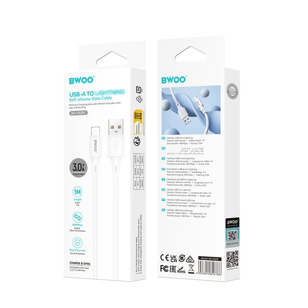 BWOO 3A silikonkabel X329L usb - lightning 3A 1m vit vit
