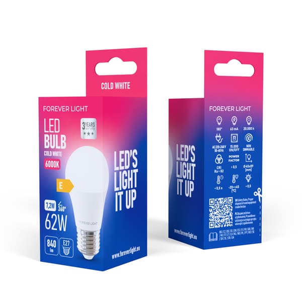 Forever Light LED-lampa E27 G45 7,2W 840lm 6000K klass E