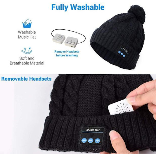 Bluetooth-hatt med pompon (svart)