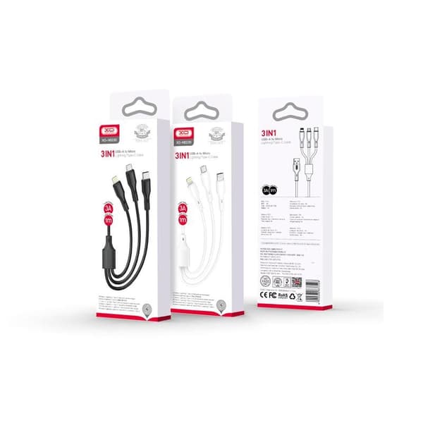 XO-kabel NB230 3-i-1 USB - Lightning + USB-C + microUSB 1,0m 2,4A vit vit