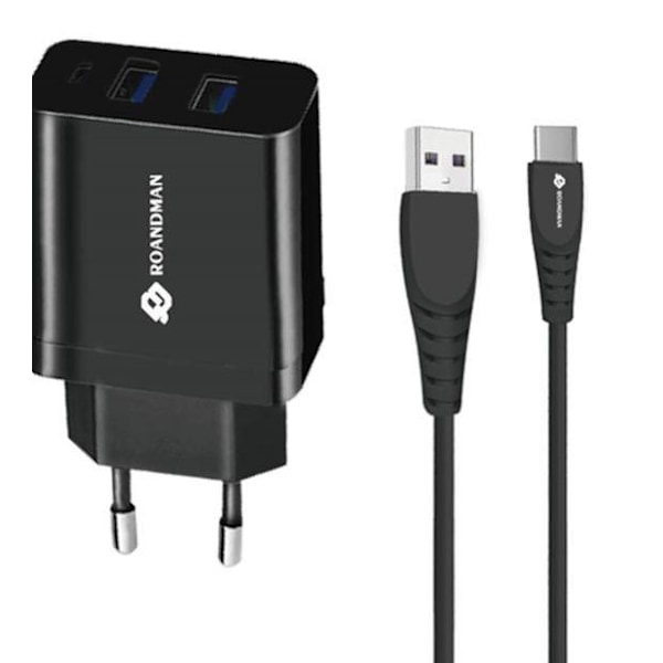 RO & MAN reseladdare2x USB-kontakt Laddare + Type-C kabel Svart