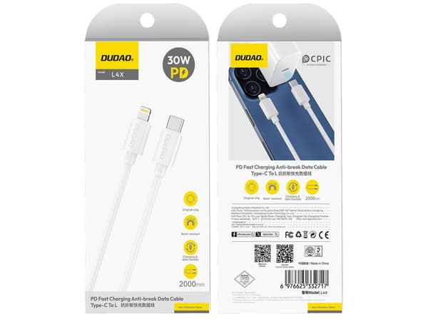 Dudao L4X USB-C to Lightning 2m vit vit
