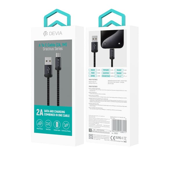 Devia kabel Gracious EC649 USB - USB-C 1,0 m 2A svart svart