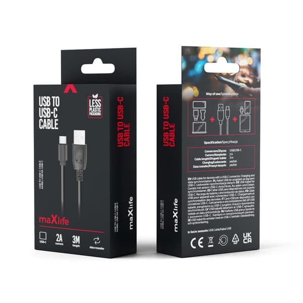 Maxlife kabel USB - USB-C 3,0 m 2A svart svart