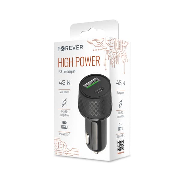 Forever billaddare 1xUSB 2,4A + 1xUSB-C PD 45W LA-04 svart