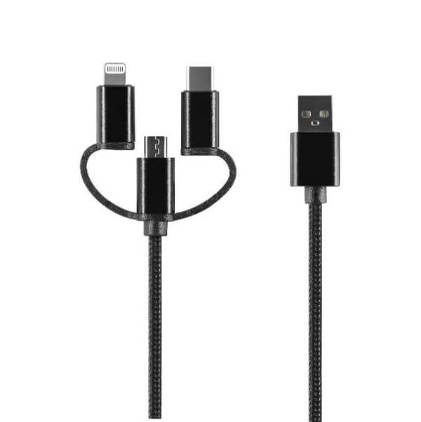 Setty 3in1-kabel USB - Lightning + USB-C + microUSB 1,0 m 2A svart nylon DT svart