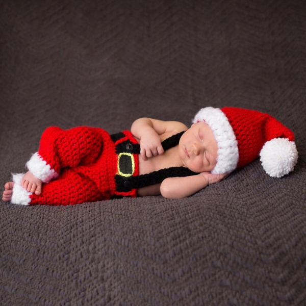 Jul Nyfödd Baby Fotografi Rekvisita Outfits Röd & Vit Virka Kläder Ins