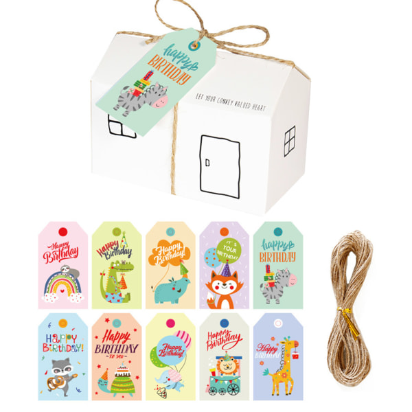 20 sæt Papir Gaveæske Husform Candy Treat Cookie Æsker med Mærker String Rope Fødselsdagsfest favoriserer Taske Festartikler til børn