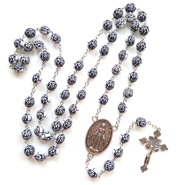 Katolskt rosenkrans rosformade akrylpärlor Halsband med helig medalj Jesus krucifix för korshänge katoliker bön Gif