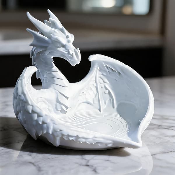 Hvid smykkeskål med dragefigur til skrivebord og kommode
