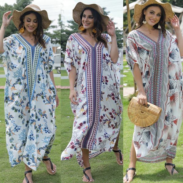 Kvinder Ferie Flagærme Tyrkisk Kaftan Boho Farverige Geometriske Blomstrede Trykte V-hals Badetøj Cover Up Oversized Løs Strand Maxi Kjole No 75 Red Flower