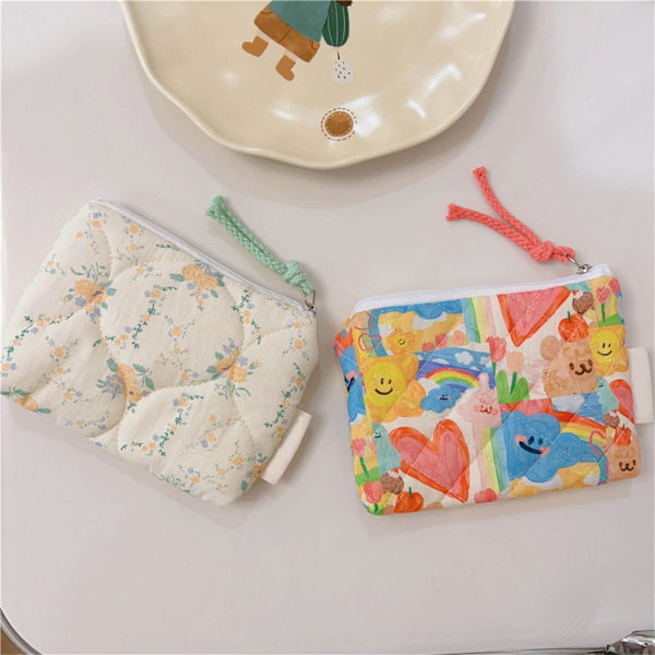 Quiltad sminkväska bomullsmyntväska Söt blommönster bärbar förvaringsväska Polka dots