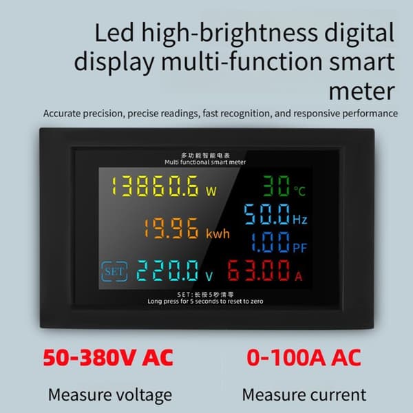 Högprecisions effektmätare Amperemeter Voltmeter AC50V-380V 100A Tydlig Display