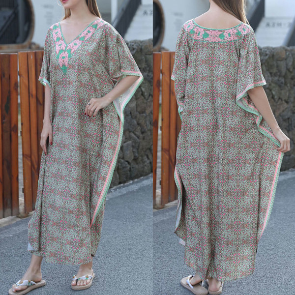 Fashion Kvinnor Lång Klänning Robe Över Storlek Bikini Cover Up Blossom Print Kaftan